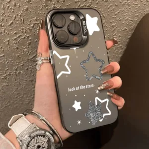 โลหะชุบโลหะด้วยไฟฟ้า ไอโฟนดาวสีดำและสีขาวfor 11 iPhone 12 13 14 15Pro MAX X XS XR 7 8Plus เคสโทรศัพท์