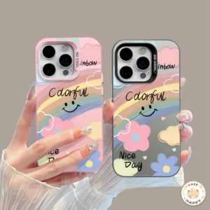 เคสไอโฟน 11 15 สำหรับ IPhone 16 13 12 14 Pro Max X XS XR Max 15 7 8 16 14 Plus SE 2020 รอยยิ้มดอกไม้สีรักหัวใจสายรุ้ง