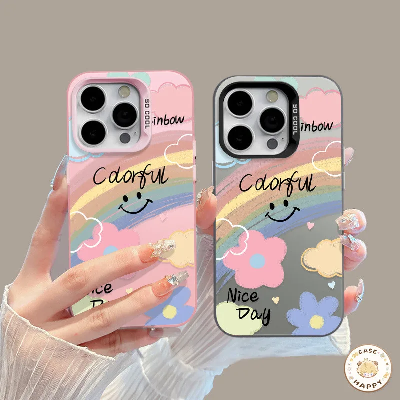 เคสไอโฟน 11 15 สำหรับ IPhone 16 13 12 14 Pro Max X XS XR Max 15 7 8 16 14 Plus SE 2020 รอยยิ้มดอกไม้สีรักหัวใจสายรุ้ง