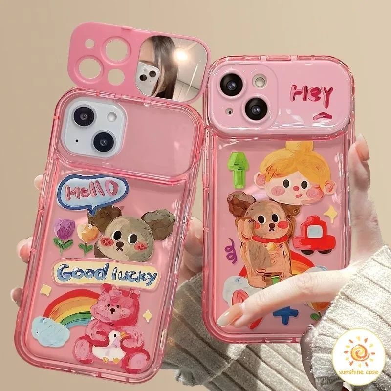 [ส่วนลด]กระจกแต่งหน้ารูปสุนัขลายกราฟิตีสีชมพูเคส ไอโฟน 11 For iPhone 11 12 13 14 15 Pro MAX X XS XR XS 6 7 8 Plus SE2020