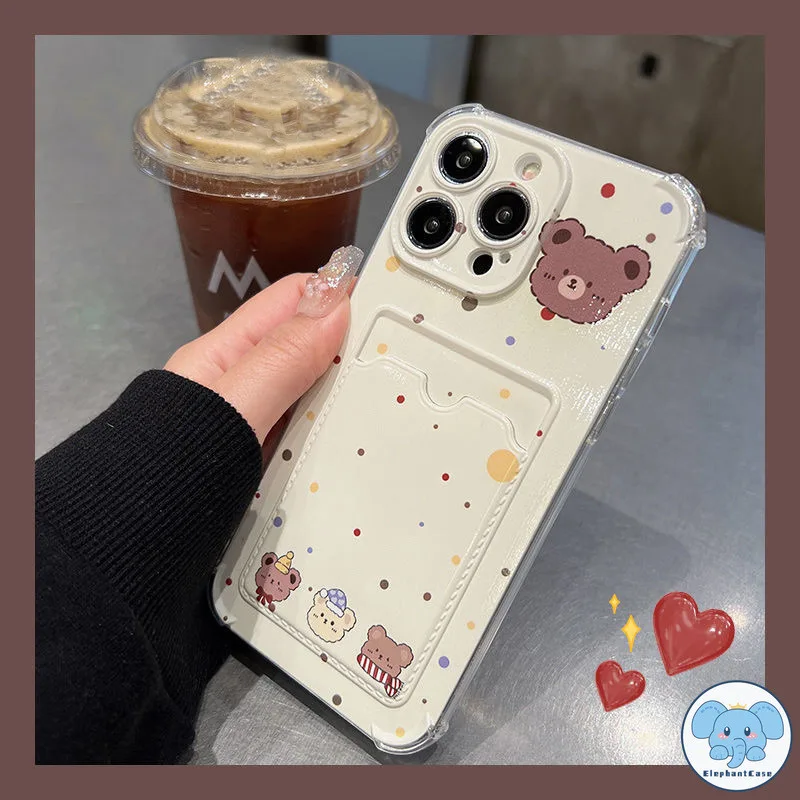 ตุ๊กตาหมีน่ารักเข้ากันได้เคสไอโฟน 11 16 XR 13 15 14 12 Pro Max 7 8Plus X XS Max SE 2020 จุดกลมเชือกกระเป๋าสตางค์บัตรเคส