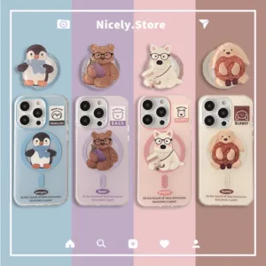 น่ารักสัตว์หมีสุนัขแม่เหล็กชาร์จไร้สายเคสโทรศัพท์เข้ากันได้สําหรับ ไอโฟน 16 15 14 13 มือโปร สูงสุด ผู้ถือยืนฮาร์ดimdช็อกทนปกหลัง