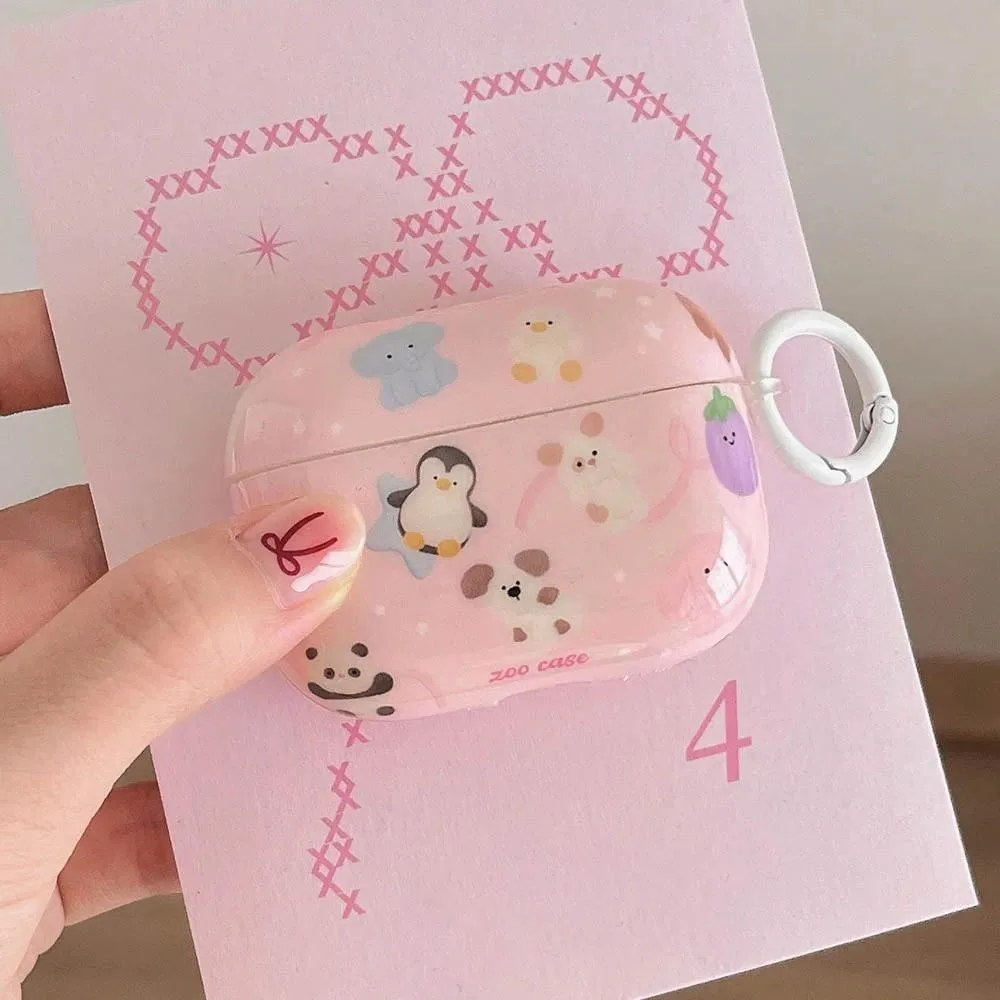 สีชมพูสวนสัตว์เพนกวินลูกสุนัขหูฟังสําหรับ Airpods 4 Pro 2 พร้อมตะขอฝาครอบป้องกันแบบนุ่มสําหรับ Airpods 3 2 1 3rd 4th Generation Shell
