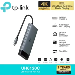 TP-Link UH6120C ฮับยูเอสบี Type-C รองรับการใช้งาน 6 พอร์ต เชื่อมต่อหน้าจอเสริมผ่านพอร์ต HDMI ระดับ 4K พร้อมประกัน 2 ปี