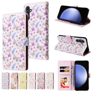 เคสโทรศัพท์หนัง PU นิ่ม ฝาพับ ลายดอกไม้ พร้อมช่องใส่บัตร หรูหรา สําหรับ Samsung Galaxy S24 Plus A55 A35 A15 A05 A05S A24 5G S24 Ultra S24+