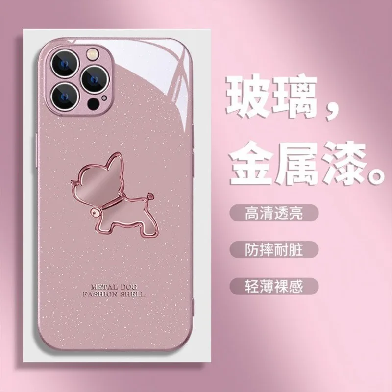 เคสโทรศัพท์มือถือแบบแก้ว ลายการ์ตูนสุนัขต่อสู้ สไตล์ฝรั่งเศส สําหรับ Apple 15pro 14plus 13mini 12pro 11promax 7 8plus Xsmax Xr