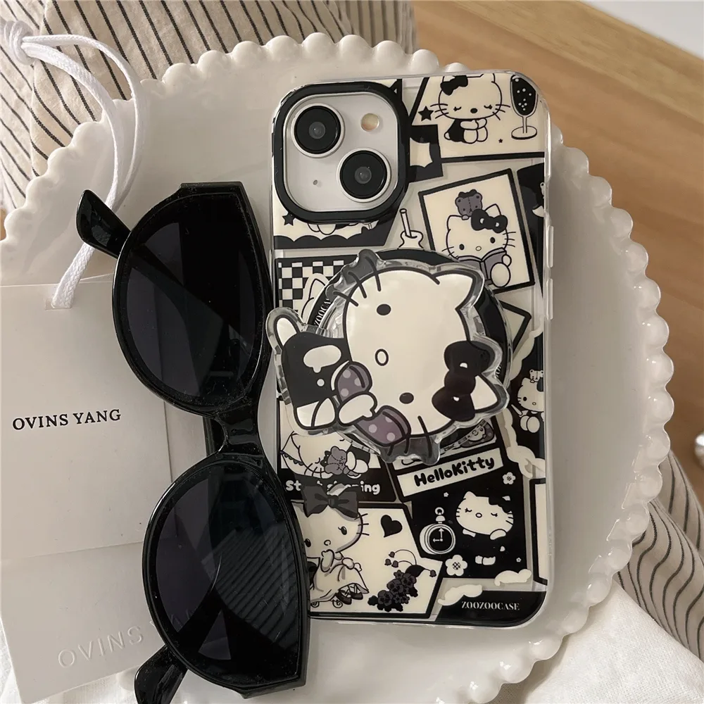 เคสโทรศัพท์ใช้งานร่วมกับ iPhone 15promax 15 15pro 14 13 14promax 13Pro 13promax 14Pro สีดํา Kitty 2in1 แม่เหล็กฝาครอบ IMD สองชั้นพร้อมขาตั้งแหวนแม่เหล็ก black Kitty 2in1 magnetic Double-layer IMD cover with magnetic ring stand