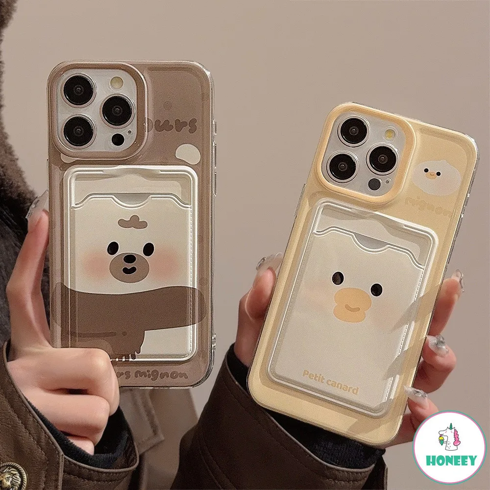 เคสโทรศัพท์มือถือแบบนิ่ม ใส กันกระแทก ลายการ์ตูนหมี เป็ด พร้อมช่องใส่บัตร สําหรับ Iphone 11 15 14 Pro Max 12 13 Promax XR XS 7Plus 8Plus SE