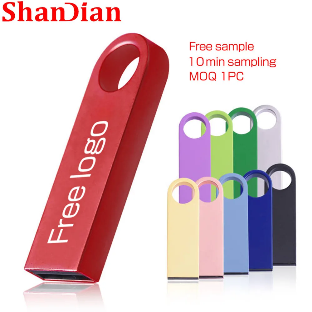 Shandian แฟลชไดรฟ์ USB 2.0 โลหะ 128MB 16GB 32GB 64GB 128GB 4GB ฟรีพวงกุญแจ USB 8GB