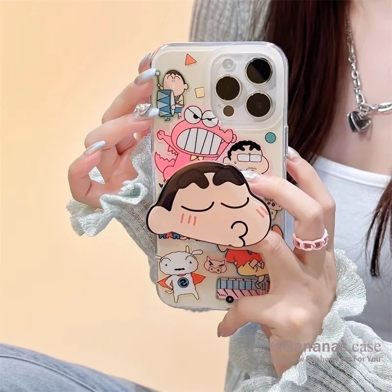 เคสโทรศัพท์มือถือ แบบนิ่ม ลายการ์ตูนชินจังน่ารัก พร้อมขาตั้ง สําหรับ iPhone 15 14 13 12 11 Pro Max X Xr Xs Max 7 8 Plus SE2020