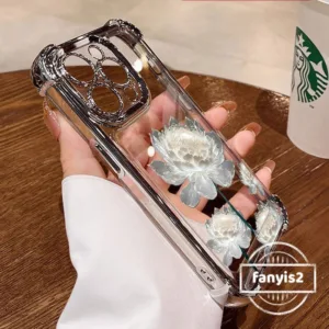 ใช้งานร่วมกับสําหรับ IPhone 16 11 15 14 13 12 Pro Max Plus X XR Xs Max 7Plus 8Plus SE 2020 ปลอกแฟชั่น Lotus เคสโทรศัพท์ชุบโปร่งใสสี่มุม Anti Fall ถุงลมนิรภัยฝาครอบ