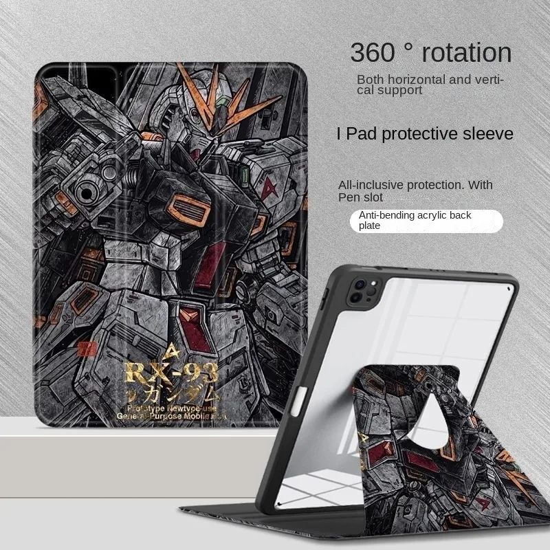 [iPad Air 4] เคสอะคริลิค ลายการ์ตูนอนิเมะกันดั้ม สีเทา พร้อมช่องใส่ปากกา 360 สําหรับ iPad Air 5 10.9 Pro 11 10th 9th 8th Gen 7th 10.2 Air3 Mini 6 ° เคส iPad หมุนได้