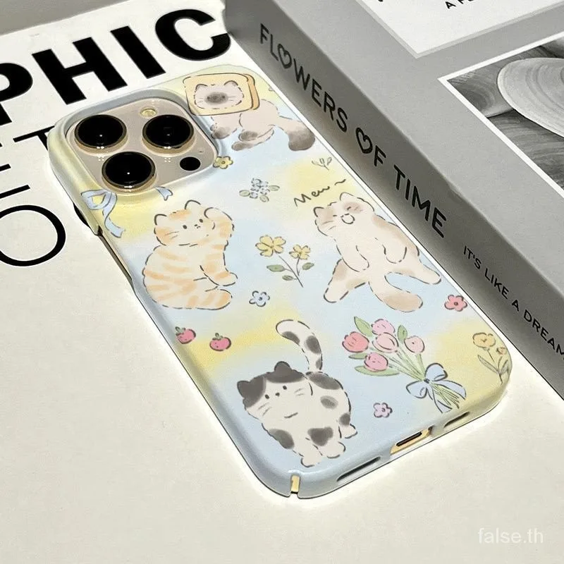 เคสโทรศัพท์มือถือแบบแข็ง กันกระแทก ลายภาพวาดสีน้ํามัน รูปแมว และดอกไม้ สําหรับ iPhone 11 13promax 11pro 15promax xr x xsmax 8plus 14promax 11promax