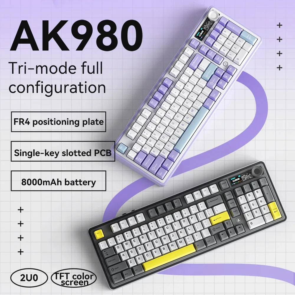 Ajazz AK980 Mechanical Keyboard คีย์บอร์ดและเมาส์ไร้สายและแบบมีสายพร้อมหน้าจอ ตําแหน่งไฟล่างลูกบิด RGB ปรับแต่ง