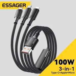 ESSAGER สายชาร์จ Type C Micro Ios Fsat 3 In 1 สําหรับ 7A 100W Huawei oppo vivo etc 1.2M