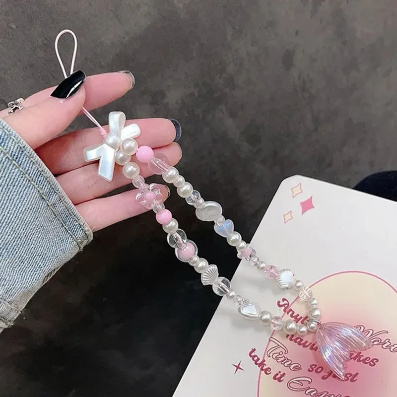 ✨พร้อมส่ง!สายโซ่คล้องโทรศัพท์มือถือ ประดับลูกปัด ลายน้องหางนางเงือก สีพาสเทล สําหรับห้อยโทรศัพท์ กระเป๋า