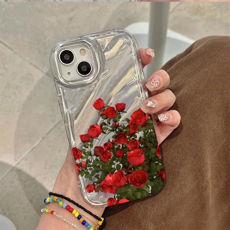 เคสโทรศัพท์มือถือแบบนิ่ม TPU ใส กันกระแทก ดอกไม้สีแดง สําหรับ iPhone 14 15 13 11 12 Pro Max 6/7/8 Plus X XS XR Max Case