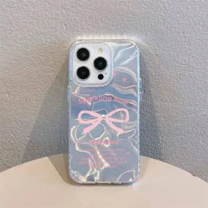 เต็มหน้าจอ ผูกโบว์ยาวสีชมพู กันได้เคสไอโฟน 16 11 13 15 12 14Pro Max XR 16 8 7Plus X XS Max SE หวานรักหัวใจเงาลูกฟูกเคส