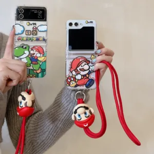 เคสโทรศัพท์มือถือแบบใส กันกระแทก กันตก ป้องกัน ลายการ์ตูนน่ารัก พร้อมสายคล้องคอ สําหรับ Samsung Galaxy Z Flip 5 4 3 Z Flip5 5G