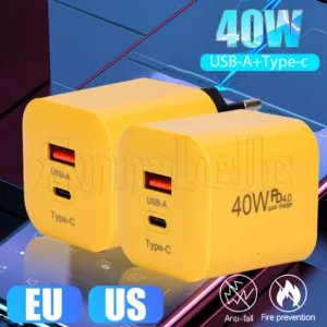 40w EU/US Plug Charger - สําหรับโทรศัพท์ แท็บเล็ต แล็ปท็อป - Wall Charger Plug Head - Type-C+USB Travel Plug - Universal Fast Charging Block - Dual Port GaN Charger Power Adapter