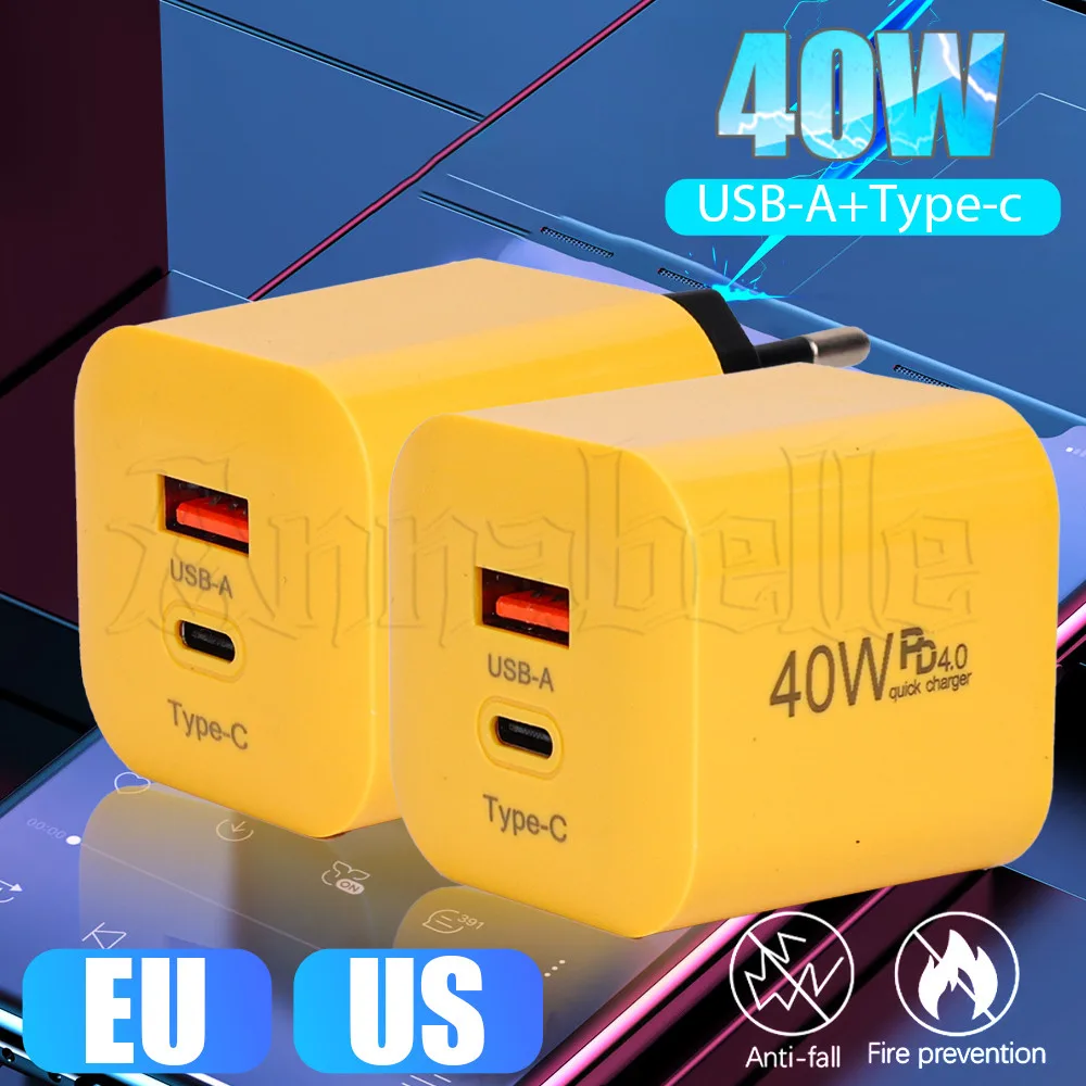 40w EU/US Plug Charger - สําหรับโทรศัพท์ แท็บเล็ต แล็ปท็อป - Wall Charger Plug Head - Type-C+USB Travel Plug - Universal Fast Charging Block - Dual Port GaN Charger Power Adapter