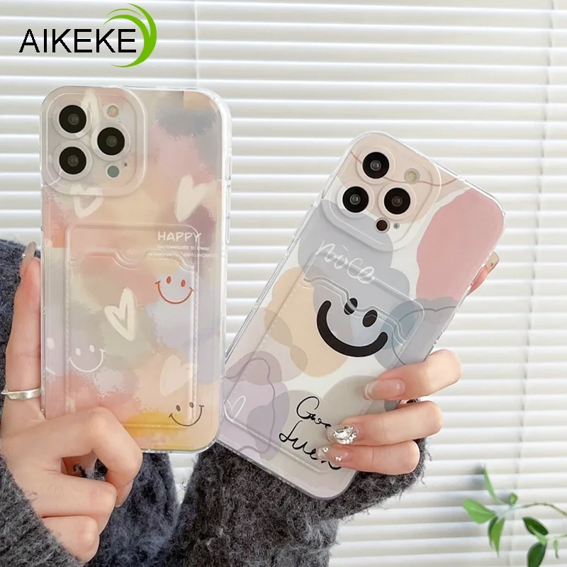 เคสโทรศัพท์มือถือแบบนิ่ม ใส ลายหน้ายิ้ม พร้อมช่องใส่บัตร สไตล์เกาหลี สําหรับ iphone 15 14 Plus 15 14 13 12 11 Pro Max Xs Max XR X 8 7 Plus SE 2020 2022 15Pro