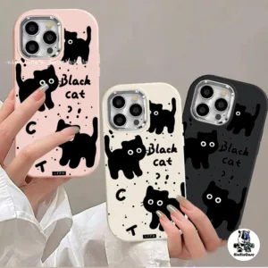 เคสไอโฟน สำหรับ iPhone 13 12 14 11 15 16 Pro Max XR X 7P XS รูปแบบแมวสีดำ ลายกรอบโลหะน่ารักเคส กันกระแทกและเลนส์ป้องกัน