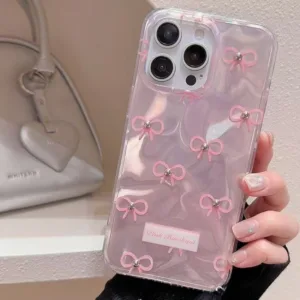 แฟชั่นรูปแบบธนูมุกสีชมพูสวย ระลอกคลื่นความ เคสIPhone 11 16 15 13 14 12 Pro Max 14 8 7 16 15 Plus X XR XS Max SE 2022
