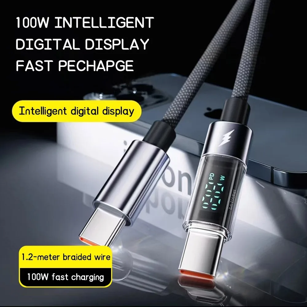 100W สายชาร์จ 3 อินเตอร์เฟส จอแสดงผลดิจิตอล QC PD สายชาร์จเร็ว สําหรับ C-C A-C C-L