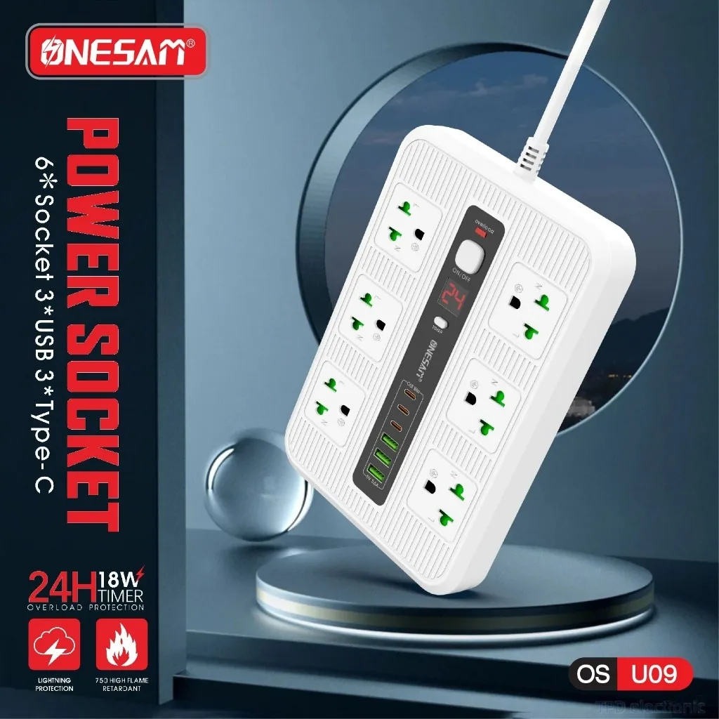 ปลั๊กไฟ ONESAM รุ่น OS-U09 3 USB พอร์ต และ 3 PD พอร์ต ชาร์จไว 3.6A สายยาว 2