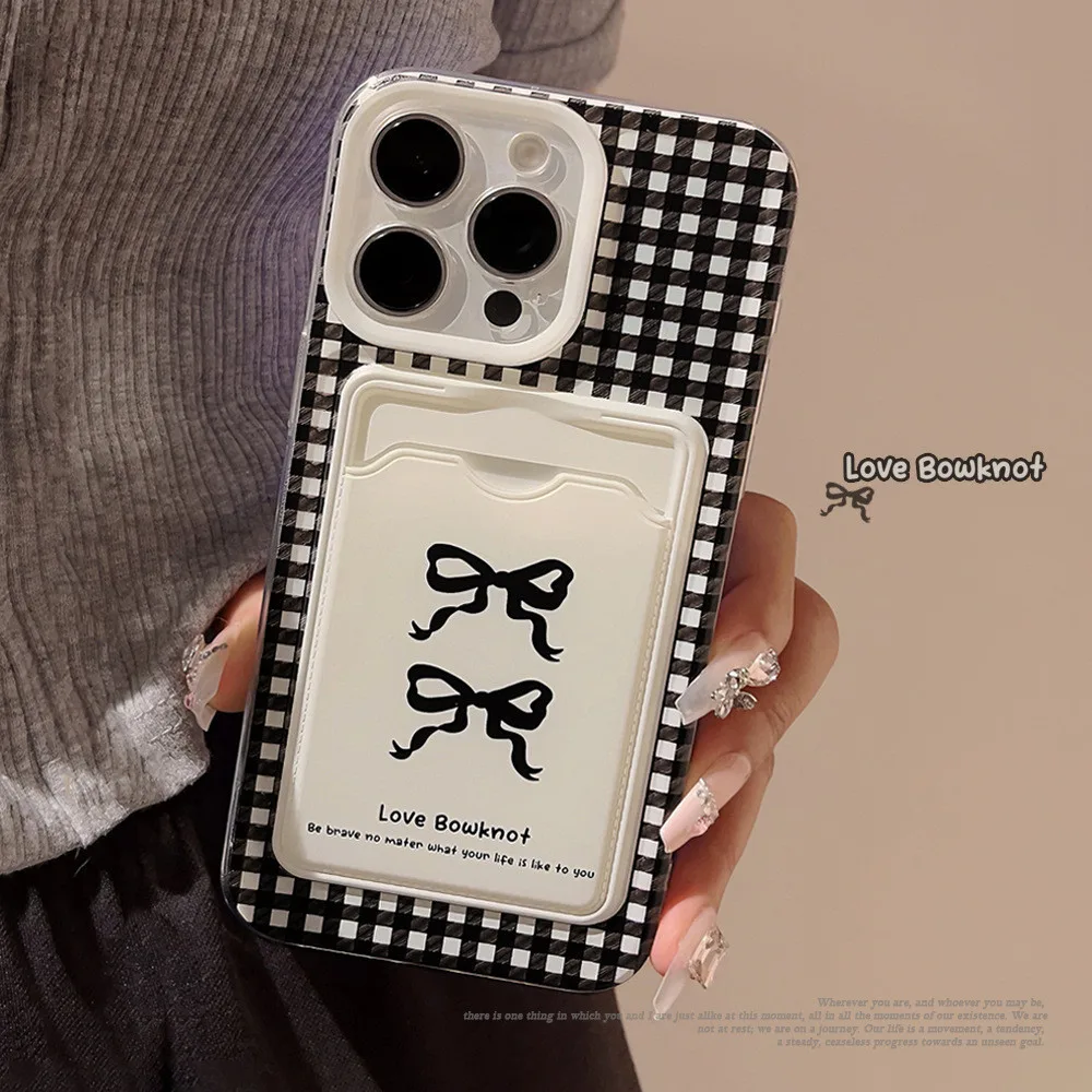 ลายสก๊อตโปร่งใสสีดําโบว์ฝาครอบการ์ด drop proof เคสโทรศัพท์ tpu สําหรับ apple iphone 11 12 13 14 15 pro max plus x xr xs max 7 8 plus se2020