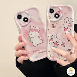 น่ารักการ์ตูนกระต่ายดอกทิวลิปดอกไม้กรณีสำหรับ IPhone 7Plus XR 11 14 13 12 15 Pro Max X XS MAX 7 6S 6 8 Plus SE 2020