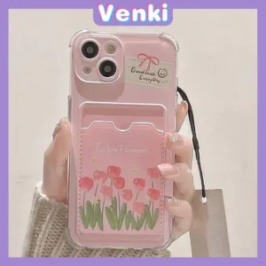 VENKI - สำหรับ iPhone 15 Pro Max iPhone 11 เคสใส่การ์ดเคส ทีพียูซอฟท์เคลียร์ เคสใส่การ์ด ถุงลมนิรภัยกันกระแทก ดอกไม้รักษาสีชมพู เข้ากันได้กับ iPhone 14 13 12 11 Pro Max Plus XR XS