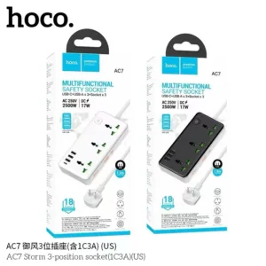 ใหม่!! HOCO AC7 ปลั๊กไฟ 3ช่องUSB 1ช่องType-C USB ปลั๊กไฟ 3 ตา ความยาว1.5 เมตร กำลังไฟ AC250V-2500W DC 17W รับประกัน 1 ปี