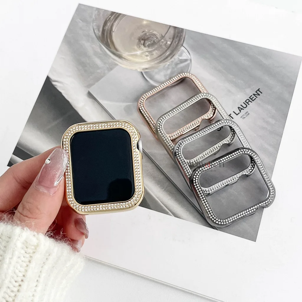 หรูหรากรอบอลูมิเนียมโลหะสําหรับ แอปเปิล iwatch serise 9 8 7 6 SE 5 4 ส่องแสงเพชรกรอบโลหะสําหรับ iwatch 42 มม.45 มม.41 มม.44 มม.40 มม.