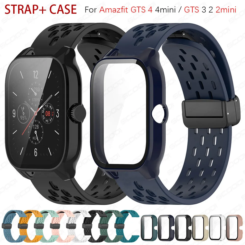 สายคล้องเข็มกลัดแม่เหล็ก พร้อมเคสกระจก PC สําหรับ Huami Amazfit GTS 4 4Mini / GTS 3 2 2e 2mini สายรัดข้อมือซิลิโคนนุ่ม ระบายอากาศ