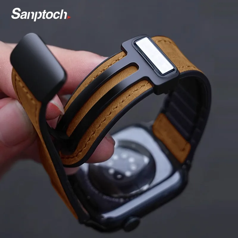 Sanptoch สายนาฬิกาข้อมือซิลิโคน ไฮบริด แม่เหล็ก สําหรับ Apple Watch 38 มม. 40 มม. 41 มม. 42 มม. 44 มม. 45 มม. 49 มม. iWatch Series 9 8 7 6 5 4 SE Ultra2 Sport