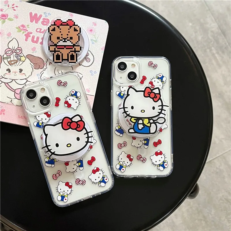 Iphone 16 15 PRO MAX 14 PRO MAX 15 ลายคิตตี้ วัสดุอะคริลิค โปร่งใส เคสโทรศัพท์แม่เหล็ก + ที่ยึดแม่เหล็ก