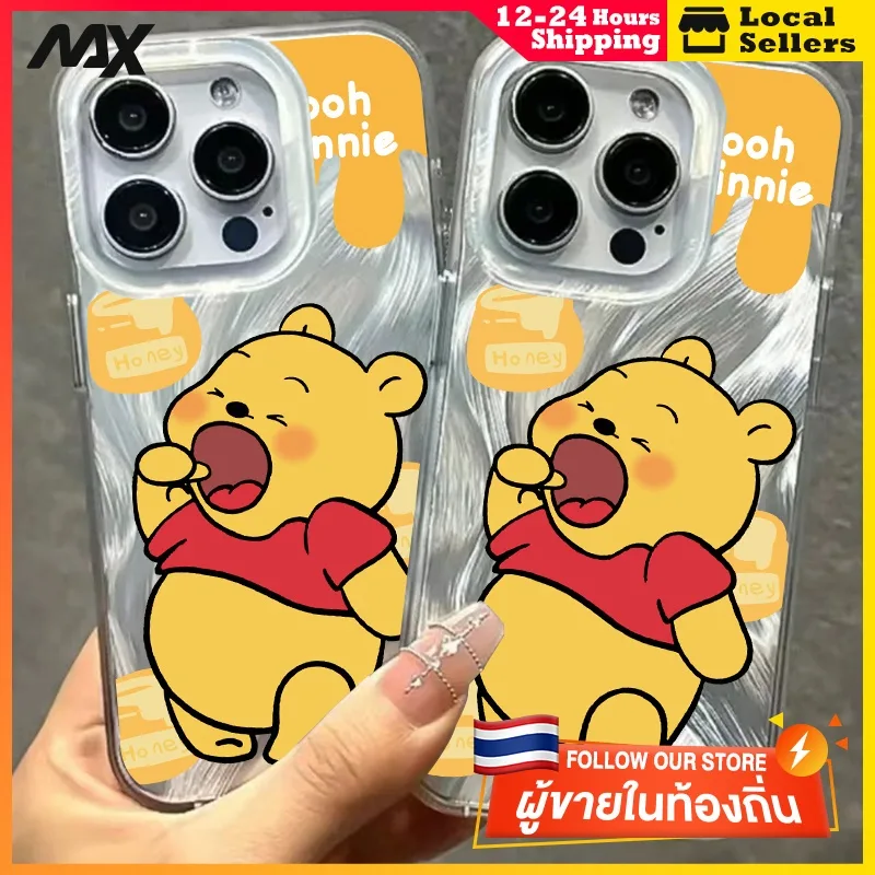 เคสโทรศัพท์แอปเปิ้ล เส้นด้ายขนนกสุนัขจิ้งจอกสีเงิน สปาร์คเคิล iPhone 7/8P XR XS X 12 14 15 11 13 Pro Max วินนี่เดอะพูห์
