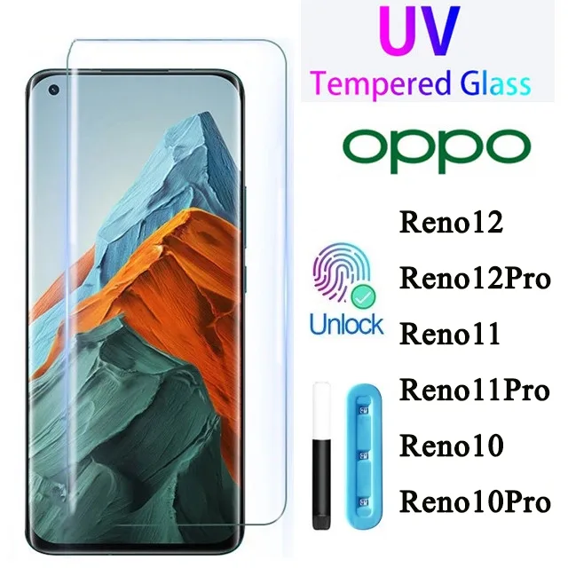 UV ฟิล์มกระจก นาโน ฟิล์มกัน รอยหน้าจอ OPPO Reno 11 Pro 5G Reno11 PRO Reno 12 Reno 10 PRO Plus Reno11Pro ลงขอบโค้ง3D