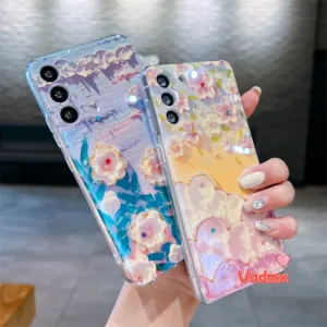 เคสโทรศัพท์มือถือแบบนิ่ม กันกระแทก แต่งพลอยเทียม ลายภาพวาดสีน้ํามัน รูปดอกไม้ แต่งกลิตเตอร์ สีฟ้า สําหรับ Vivo V29 5G V27 Pro V27E V25 Pro 5G V25E V23 Pro V23E V21 V21S 5G V20 Pro Y19