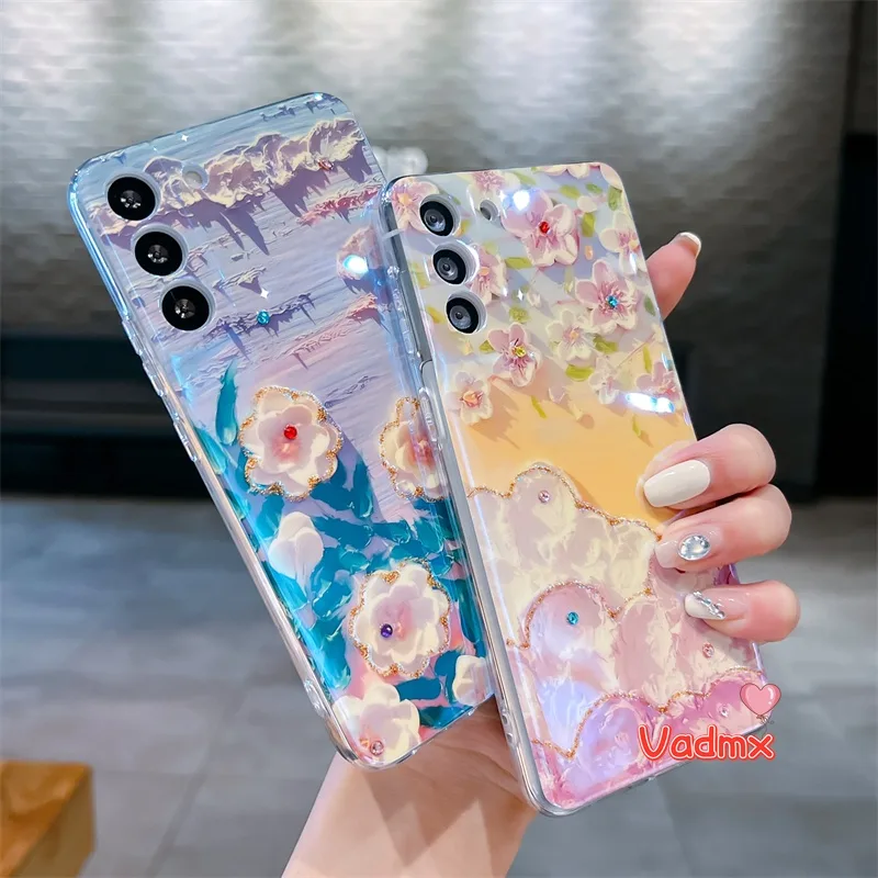 เคสโทรศัพท์มือถือแบบนิ่ม กันกระแทก แต่งพลอยเทียม ลายภาพวาดสีน้ํามัน รูปดอกไม้ แต่งกลิตเตอร์ สีฟ้า สําหรับ Vivo V29 5G V27 Pro V27E V25 Pro 5G V25E V23 Pro V23E V21 V21S 5G V20 Pro Y19