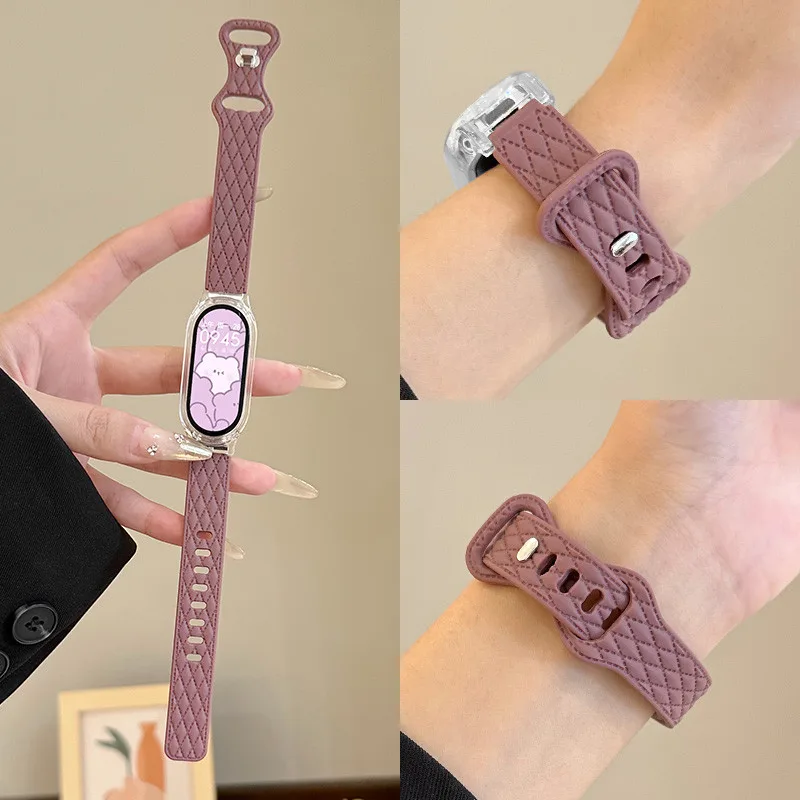 ซิลิโคนรูปแบบหนังสําหรับ เสี่ยวหมี่ ไมล์ วงดนตรี Xiaomi MI Band 8 7 6 5 นาฬิกาสมาร์ท กีฬาสร้อยข้อมือเปลี่ยนสายรัดข้อมือสําหรับ ไมล์แบนด์ Mi Band 3 4 สายนาฬิกา
