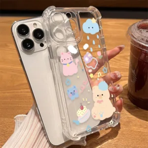 หมีมีความสุขนิ่มกันกระแทกเคสโทรศัพท์ for iphone 11 เคสไอโฟน 13 14 15 12 XR 7 8 6 Plus X XS 15 16 Pro MAX