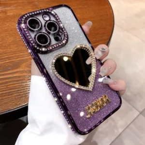 เคสโทรศัพท์มือถือแบบนิ่ม TPU กันรอยเลนส์กล้อง ลายเพชร หัวใจ พร้อมกระจก แฟชั่น สําหรับ iPhone 11 12 13 14 15 Pro max 14 15plus XR XS max