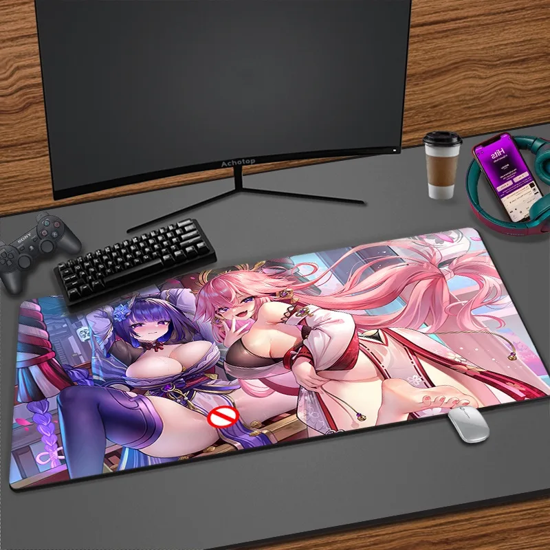 Genshin Impact แผ่นรองเมาส์สําหรับเล่นเกมเซ็กซี่ตูด Gamer XXL 18 + ขนาดใหญ่ Hentai Mousepad NSFW โต๊ะ Anti Slip Mice Pads เกม