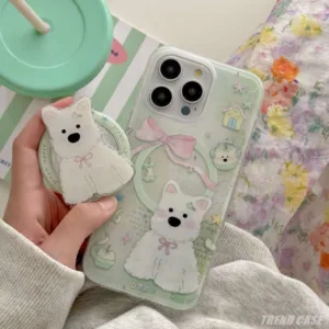 เคสโทรศัพท์มือถือแบบนิ่ม กันกระแทก ลายการ์ตูนลูกสุนัข Highland พร้อมที่ตั้งวางแม่เหล็ก สําหรับ iPhone 15 14 13 12 Pro Max