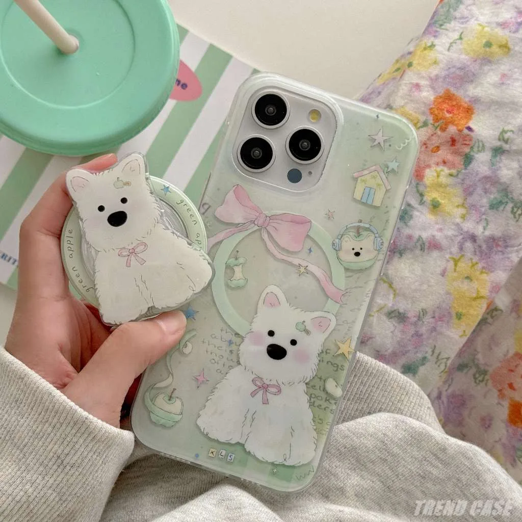เคสโทรศัพท์มือถือแบบนิ่ม กันกระแทก ลายการ์ตูนลูกสุนัข Highland พร้อมที่ตั้งวางแม่เหล็ก สําหรับ iPhone 15 14 13 12 Pro Max