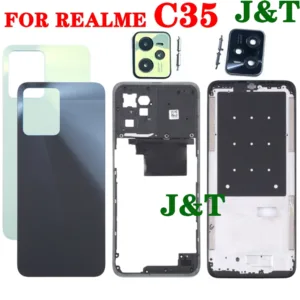 สําหรับ Realme C35 ฝาหลังแบตเตอรี่ LCD ด้านหน้ากรอบกลาง Bezel Holder ปุ่มเลนส์กล้อง