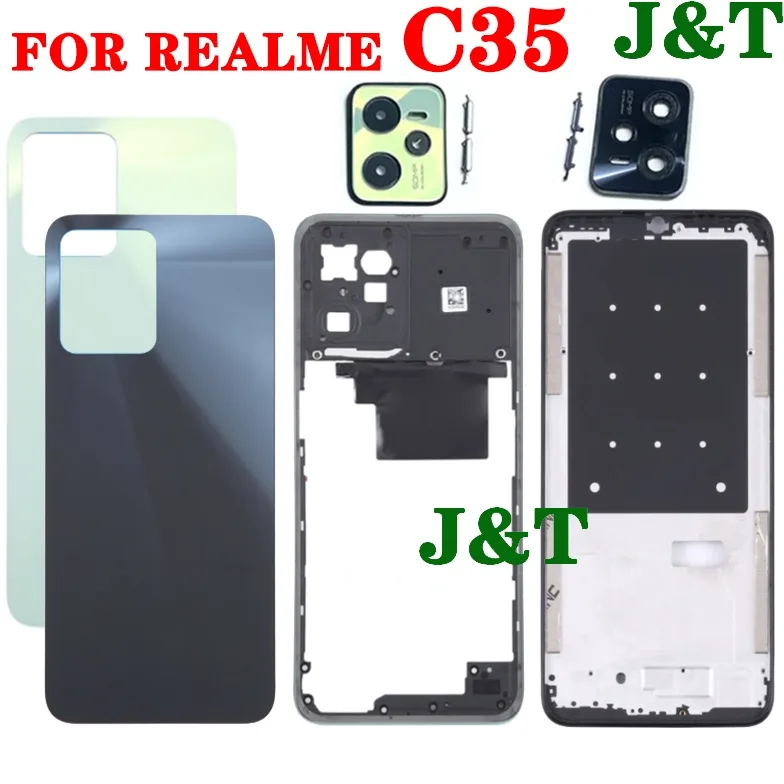สําหรับ Realme C35 ฝาหลังแบตเตอรี่ LCD ด้านหน้ากรอบกลาง Bezel Holder ปุ่มเลนส์กล้อง